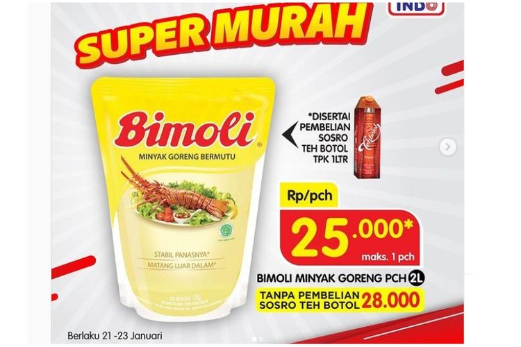 Promo minyak goreng Bimoli kemasan 2 liter Rp 25.000 di Superindo berlaku 21-23 Januari 2022. 