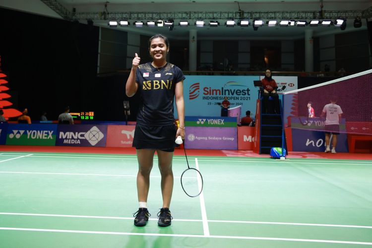 Gregoria Mariska Tunjung usai meraih kemenangan pada babak pertama Indonesia Open 2021 di Bali International Convention Centre, Selasa (23/11/2021).
