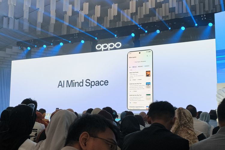 Fitur AI Mind Space Oppo Reno 14F 5G di peluncuran Oppo Reno 14 Series di Spike Air Dome, PIK 2, Kabupaten Tangerang, Kamis (17/7/2025).
