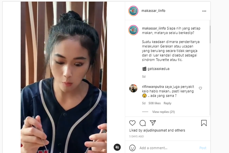 Viral video perempuan yang sedang makan, namun mata sebelah kirinya berkedip, disebut gejala sindrom Tourette.