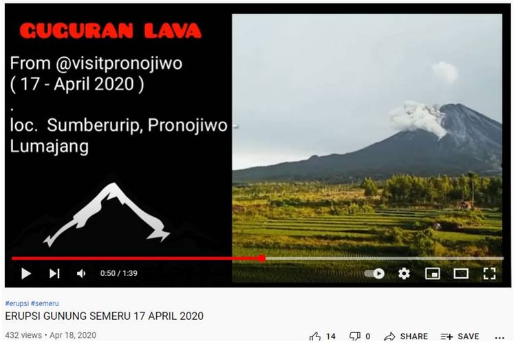 Tangkapan layar unggahan Youtube tentang erupsi Semeru 17 April 2020
