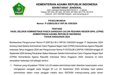 Link Pengumuman Hasil Seleksi Administrasi Pasca-Sanggah CPNS Kemenag 2024