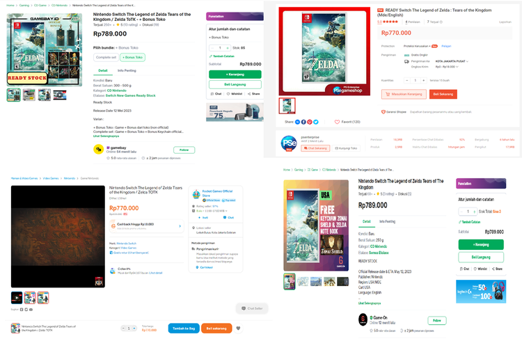 Harga The Legend of Zelda: Tears of the Kingdom di sejumlah marketplace di Indonesia