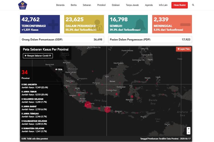Tangkapan layar peta sebaran Covid-19 hingga Kamis (18/6/2020).