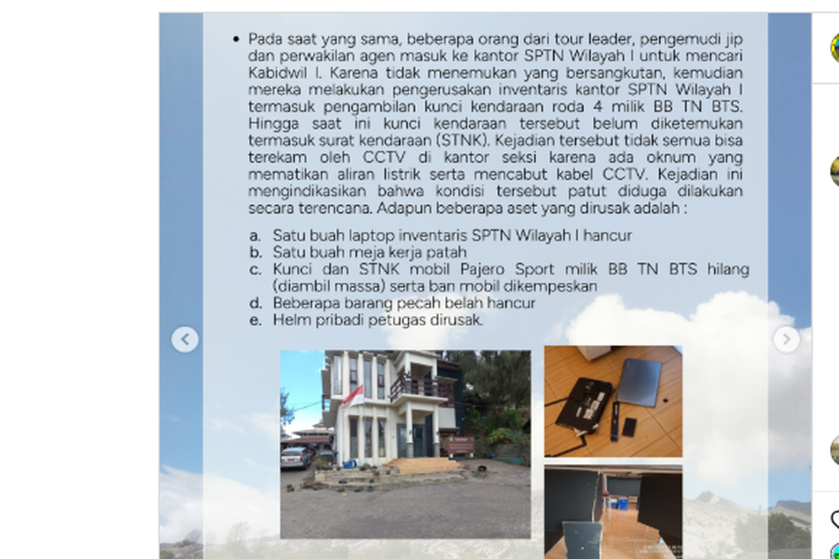 Unggahan akun @bbtnbromotenggersemeru soal  sopir jip geruduk kantor TNBTS