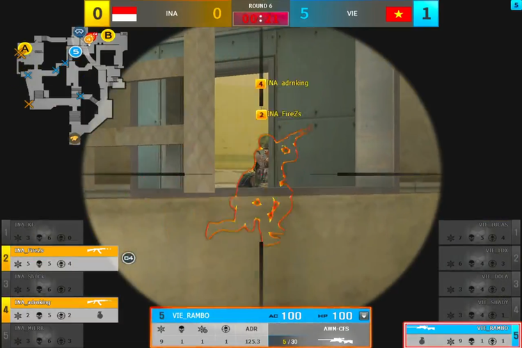Momen VIE RAMBO melakukan collateral shot alias satu peluru dua kill pada final e-sports CrossFire di SEA Games 2023