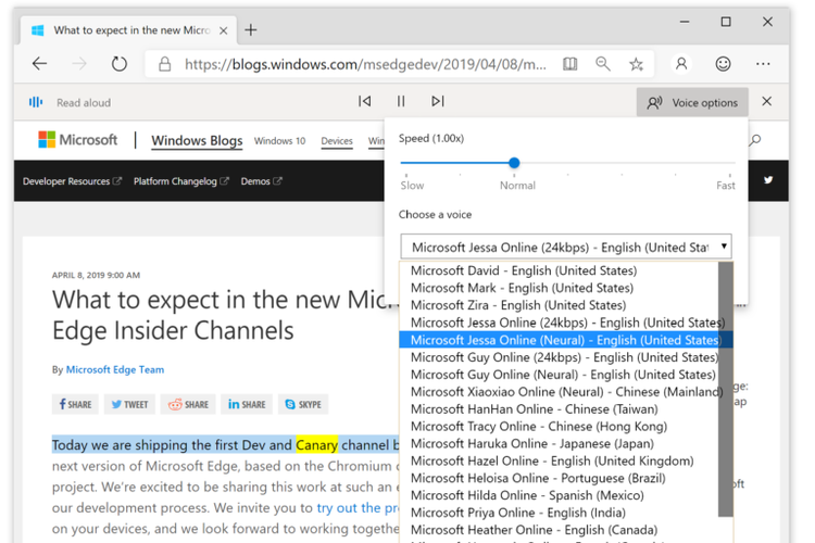 Ilustrasi fitur Read Aloud di Microsoft Edge dengan berbagai jenis suara natural