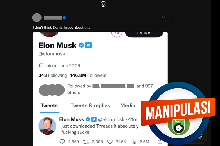 Tangkapan layar konten manipulasi di sebuah akun Threads, 6 Juli 2023, soal tangkapan layar twit Elon Musk yang komplain soal media sosial saingannya, Threads.