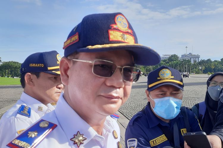 Kepala Dishub DKI Jakarta Syafrin Liputo usai apel penanganan banjir dan kemacetan yang dilansungkan di Monumen Nasional (Monas), Jakarta Pusat, Senin (24/10/2022) pagi.