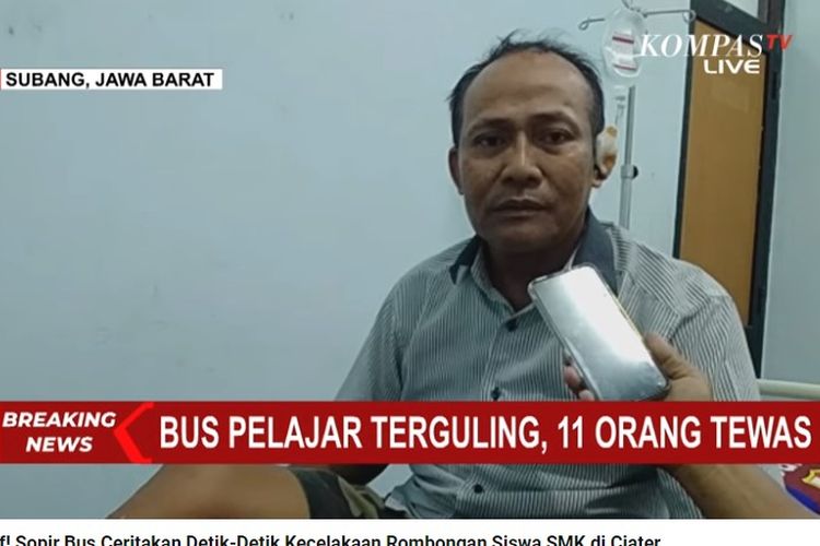 Sadira (50), sopir bus pariwisata Putera Fajar dengan nomor polisi AD 7524 OG yang mengalami kecelakaan di Ciater, Kabupaten Subang, Jawa Barat, pada Sabtu (11/5/2024) sekitar pukul 18.45 WIB