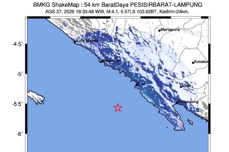 Gempa M 4,1 Guncang Pesisir Barat Lampung, Getaran Terasa hingga Liwa