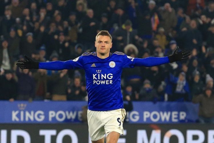 Jamie Vardy merayakan golnya pada pertandingan Leicester City vs Watford dalam lanjutan Liga Inggris di Stadion King Power, 4 Desember 2019. 