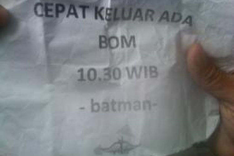 Isi pesan fax ancaman bom di Bank BJB Cabang Padalarang, Kabupaten Bandung Barat, Rabu (29/1/2014)