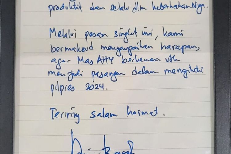 Surat Anies Baswedan kepada Agus Harimurti Yudhoyono (AHY) terkait Pilpres 2024.