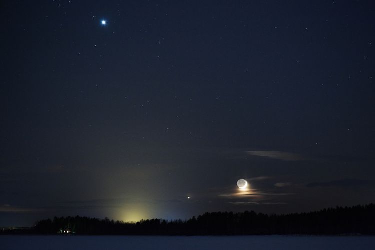 Ilustrasi konjungsi konjungsi tripel Bulan-Venus-Jupiter 