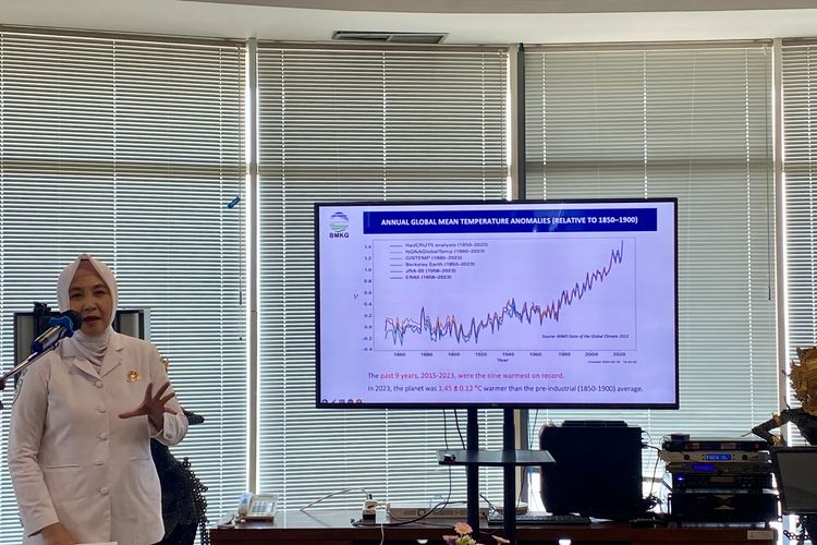 Kepala Badan Meteorologi, Klimatologi, dan Geofisika (BMKG) Dwikorita Karnawati saat memberikan paparan dalam acara sharing session di kantor BMKG, Jakarta, Kamis (11/7/2024). 