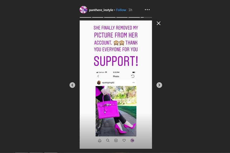 Postingan Instagram Story @Panthere_Instyle yang menuding Ayu Ting Ting telah menggunakan fotonya tanpa izin.