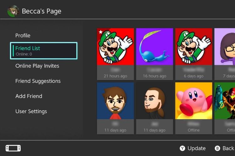 Ilustrasi menu Friend List di Nintendo Switch.