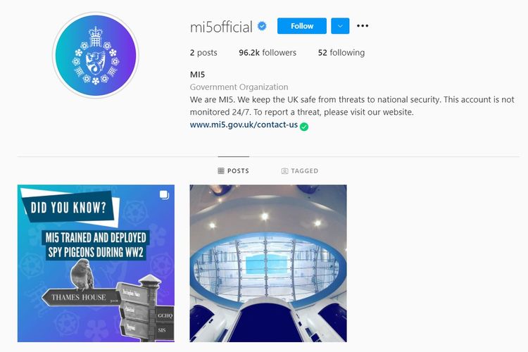 Tangkapan layar dari tampilan profil Instagram milik agen mata-mata Inggris MI5, dengan nama akun @mi5official.