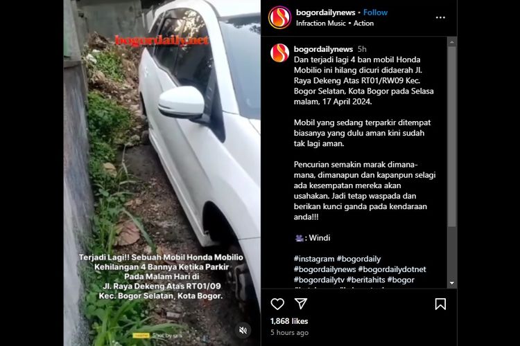 Video viral Honda Mobilio kehilangan keempat bannya saat sedang parkir