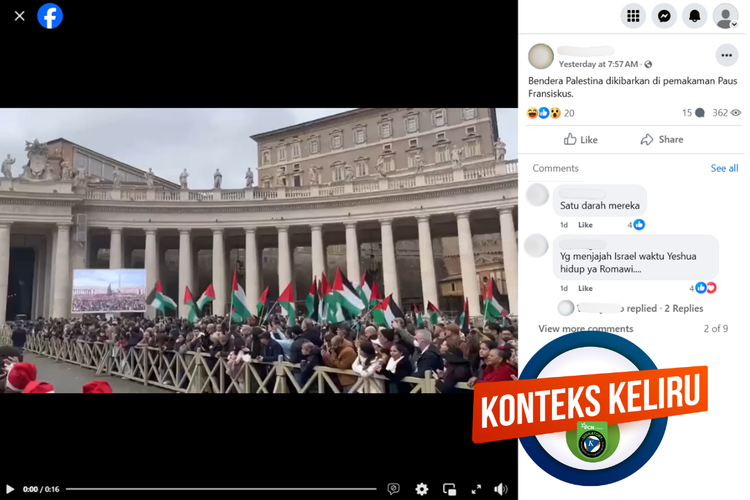 Tangkapan layar konten dengan konteks keliru di sebuah akun Facebook, Senin (28/4/2025), mengenai pengibaran bendera Palestina di prosesi pemakaman Paus Fransiskus.
