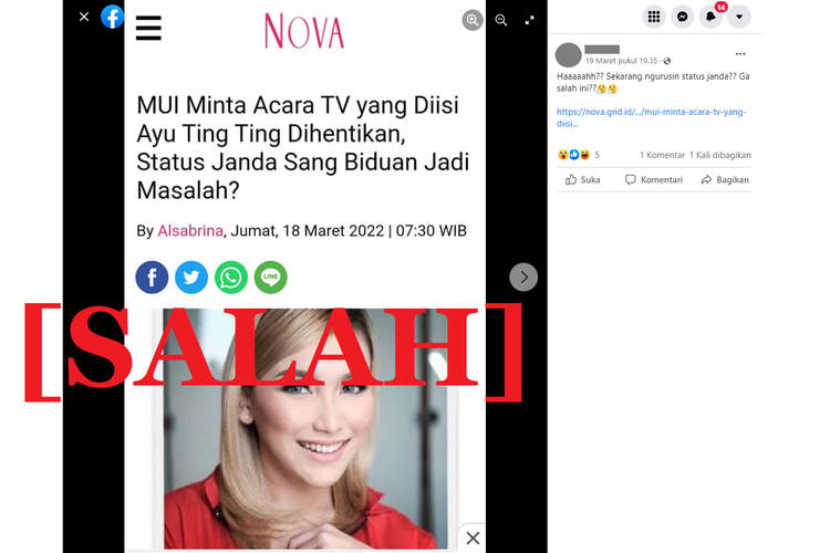 Tangkapan layar sebuah akun Facebook yang memuat informasi keliru mengenai MUI yang meminta acara TV yang diisi Ayu Ting Ting dihentikan.