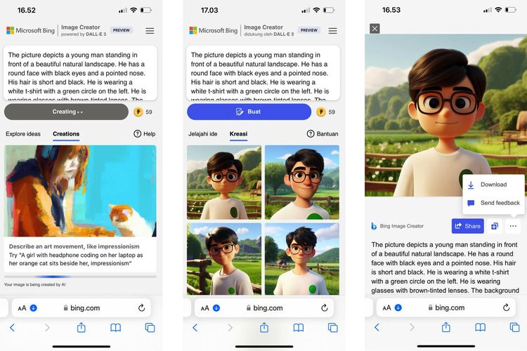 Ilustrasi cara membuat poster Disney Pixar dari foto di Bing Image Creator dengan deksripsi yang dihasilkan Bing Chat.