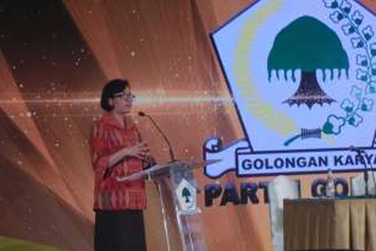 Menteri Keuangan Sri Mulyani menjadi pembicara dalam pertemuan eksekutif-legislatif Partai Golkar di Jakarta, Selasa (27/9/2016).