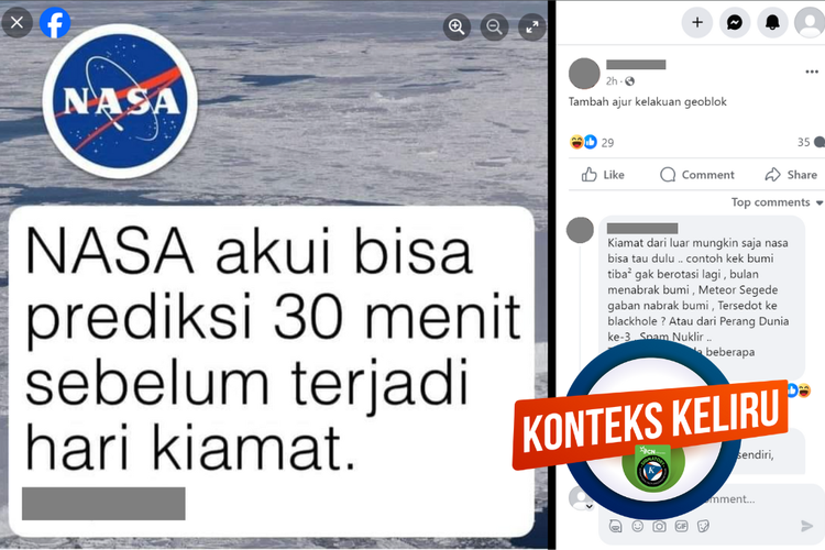 Tangkapan layar konten dengan konteks keliru di sebuah akun Facebook, soal NASA mampu memprediksi kiamat 30 menit sebelum terjadi.