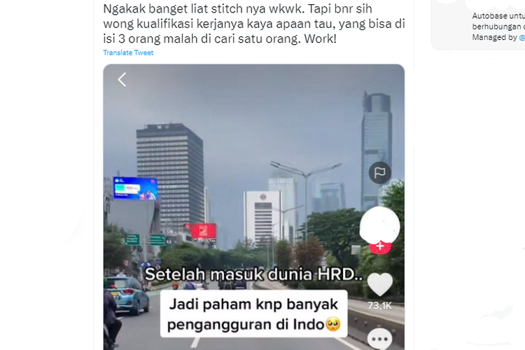 Tangkapan layar twit yang menyebut banyak pengangguran karena kualifikasi lowongan kerja tinggi