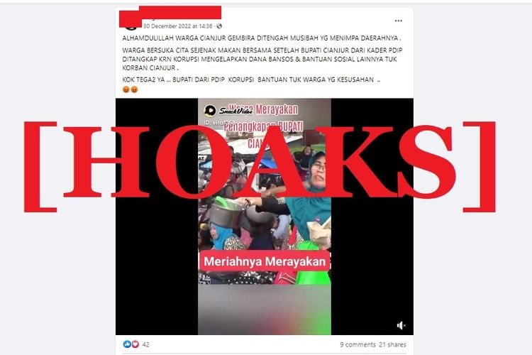 Tangkapan layar Facebook narasi yang menyebut bahwa masyarakat Cianjur melakukan perayaan dengan makan bersama setelah Bupati Herman Suherman ditangkap KPK