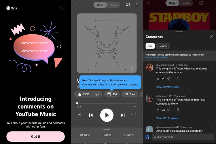 YouTube Music menyertakan kolom komentar untuk pertama kalinya ke dalam aplikasi. Dengan adanya kolom ini, pengguna bisa membaca dan menulis komentar sembari mendengarkan lagu yang diputar.
