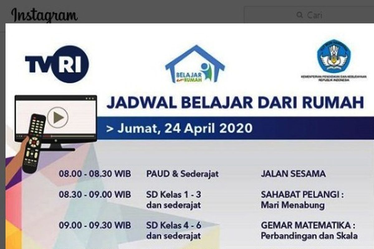 Tangkapan layar jadwal Belajar dari Rumah di TVRI Jumat 24 April 2020.