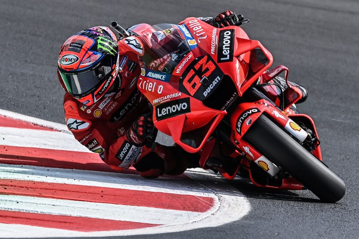 Ducati Italian rider Francesco Bagnaia rides his bike during the fourth free practice session ahead of the San Marino MotoGP Grand Prix at the Misano World Circuit Marco-Simoncelli on September 18, 2021 in Misano Adriatico, Italy. (Photo by ANDREAS SOLARO / AFP)