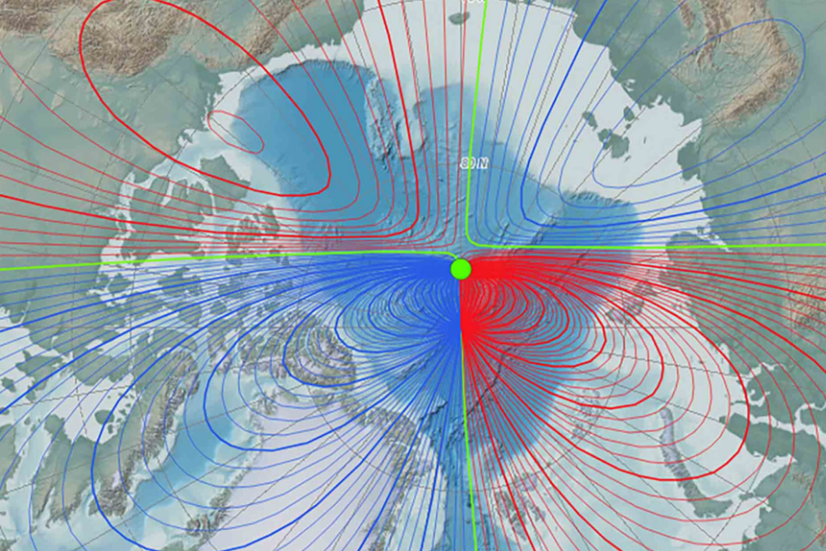 Ilustrasi pergerakan kutub magnetik utara selama 50 tahun terakhir.