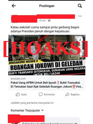 Tangkapan layar Facebook narasi yang menyebut bahwa KPK menemukan bukti Jokowi membeli ijazah dengan dana APBN
