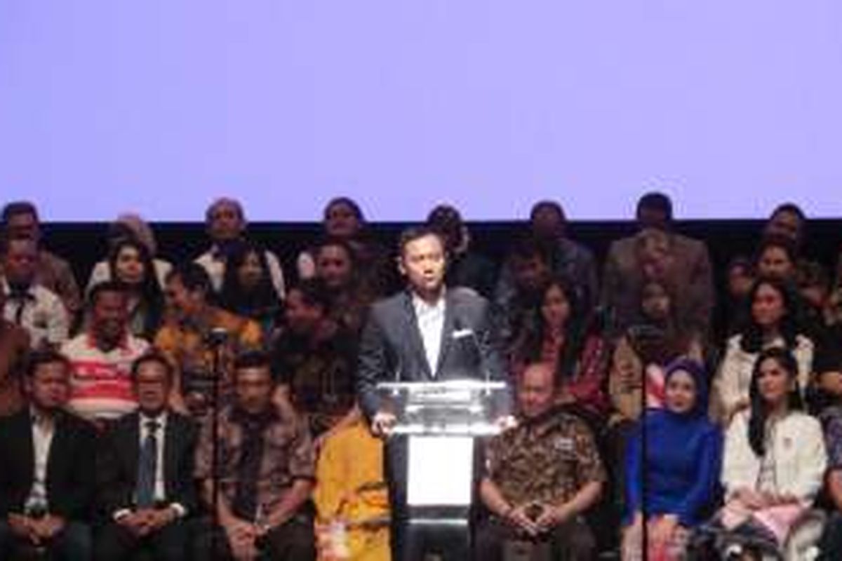 Calon gubernur DKI Jakarta, Agus Harimurti Yudhoyono, saat menyampaikan pidato politik, di Jakarta Theatre, Jakarta, Minggu (30/10/2016).