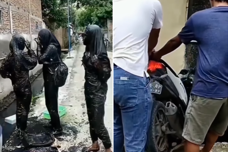 Tangkapan layar unggahan video yang memperlihatkan sekujur tubuh tiga perempuan berwarna hitam pekat berlumur air comberan viral di media sosial.