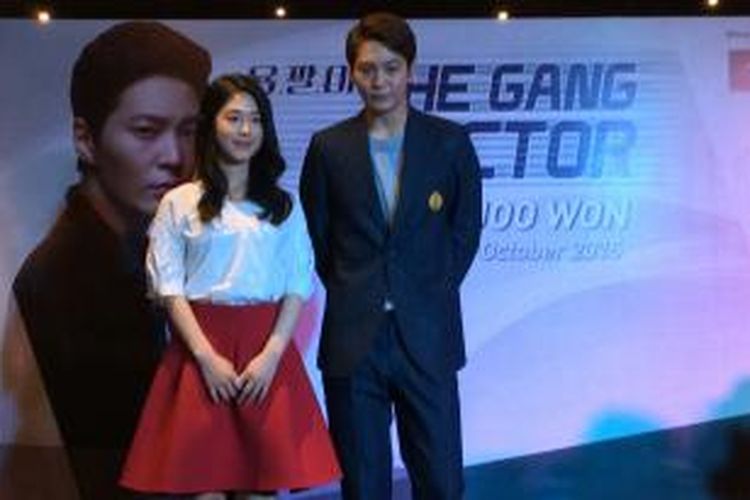 Park Hye Su (kiri) dan Joo Won (kanan) hadir dalam konferensi pers 'Kencan dengan Joo Won' di Hotel Keraton, Jakarta Pusat, Jumat (9/10/2015).