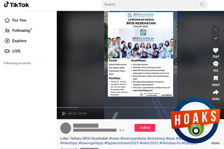 Tangkapan layar unggahan dengan narasi hoaks di sebuah akun TikTok, 6 September 2023, berisi poster rekrutmen BPJS Kesehatan tahun 2023.