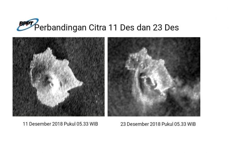 Perbandingan wajah Anak Krakatau dari udara pada 11 Desember dan 23 Desember 2018. 