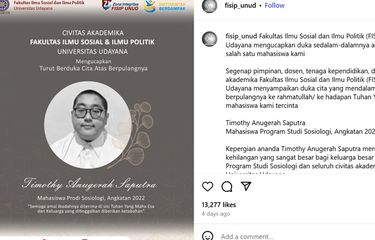Tangkapan layar akun Instagram FISIP Universitas Udayana atas wafatnya Timothy Anugerah Saputra yang diduga menjadi korban perundungan atau bullying.