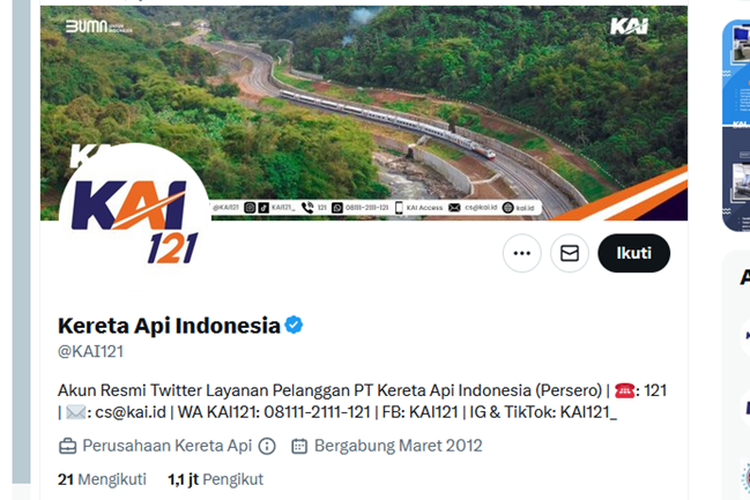 Tangkapan layar Akun resmi Twitter PT Kereta Api Indonesia (KAI), @KAI121, sudah pulih kembali yang sebelumnya sempat tidak dapat diakses oleh masyarakat.
