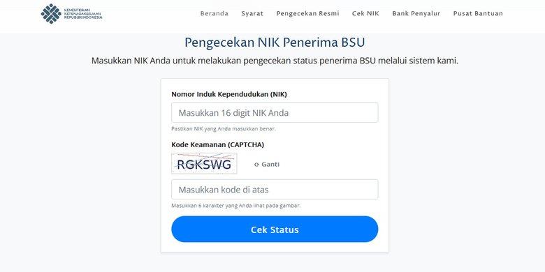 Cek NIK BSU 2025. Cek NIK penerima BSU 2025. Cek penerima BSU 2025. Cara cek penerima BSU 2025. Bantuan Subsidi Upah. Cek penerima BSU 2025 di laman BSU Kemnaker.