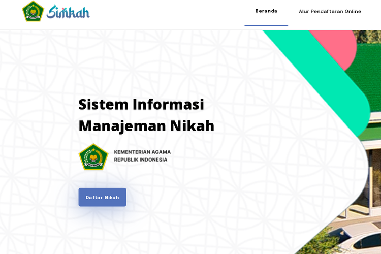 Tangkapan layar laman resmi SIMKAH Kementerian Agama untuk pendaftaran nikah secara online.