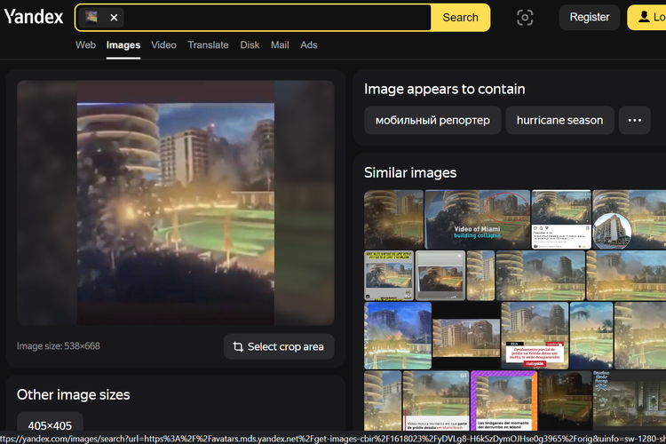 Tangkapan layar hasil pencarian reverse image Yandex, soal video amatir menampilkan bangunan ambruk akibat gempa Turkiye. Rupanya itu adalah video bangunan ambruk di Surfside, Florida.
