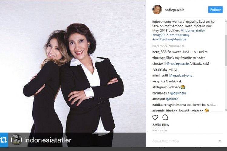 Screenshot akun Instagram Nadine Pudjiastuti yang memperlihatkan Nadine bersama ibunya, Menteri Kelautan dan Perikanan Susi Pudjiastuti (instagram.com/nadiepascale)