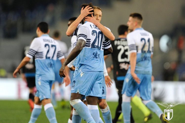 Para pemain Lazio merayakan gol Felipe Caicedo pada pertandingan versus Empoli di Stadion Olimpico pada lanjutan Serie A Liga Italia, 7 Februari 2019. 