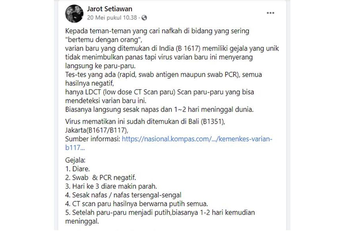 Tangkapan layar unggahan soal gejala Covid-19 varian baru unik dimulai dari diare