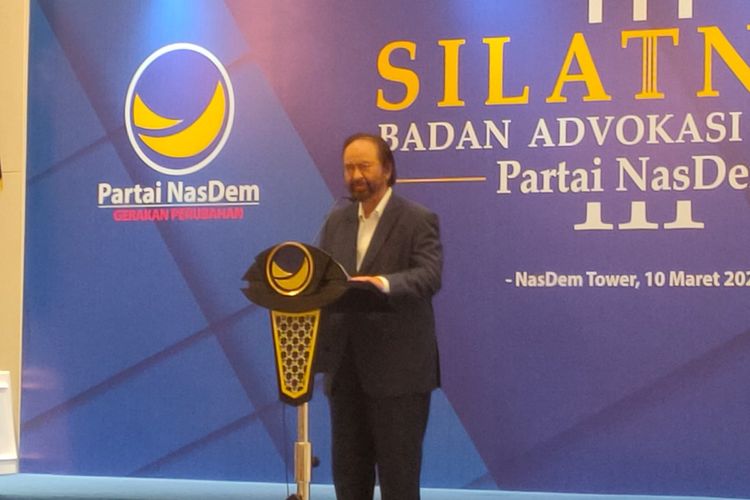 Ketua Umum Partai Nasdem Surya Paloh dalam acara Silatnas Badan Advokasi Hukum DPP Nasdem di Nasdem Tower, Jakarta, Jumat (10/3/2023).